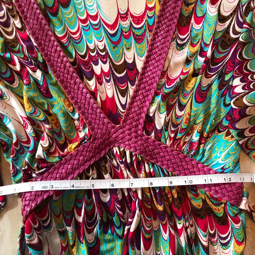 SKY small fuchsia, turquoise, yellow & ivory batwing top with leather accent. - Picture 2 of 3
